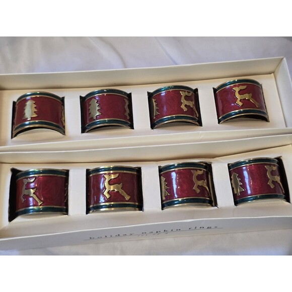 Set of 8 Pier 1 Red Green Brass Enamel Tree Deer Napkin Rings Christmas Holiday - Picture 2 of 6